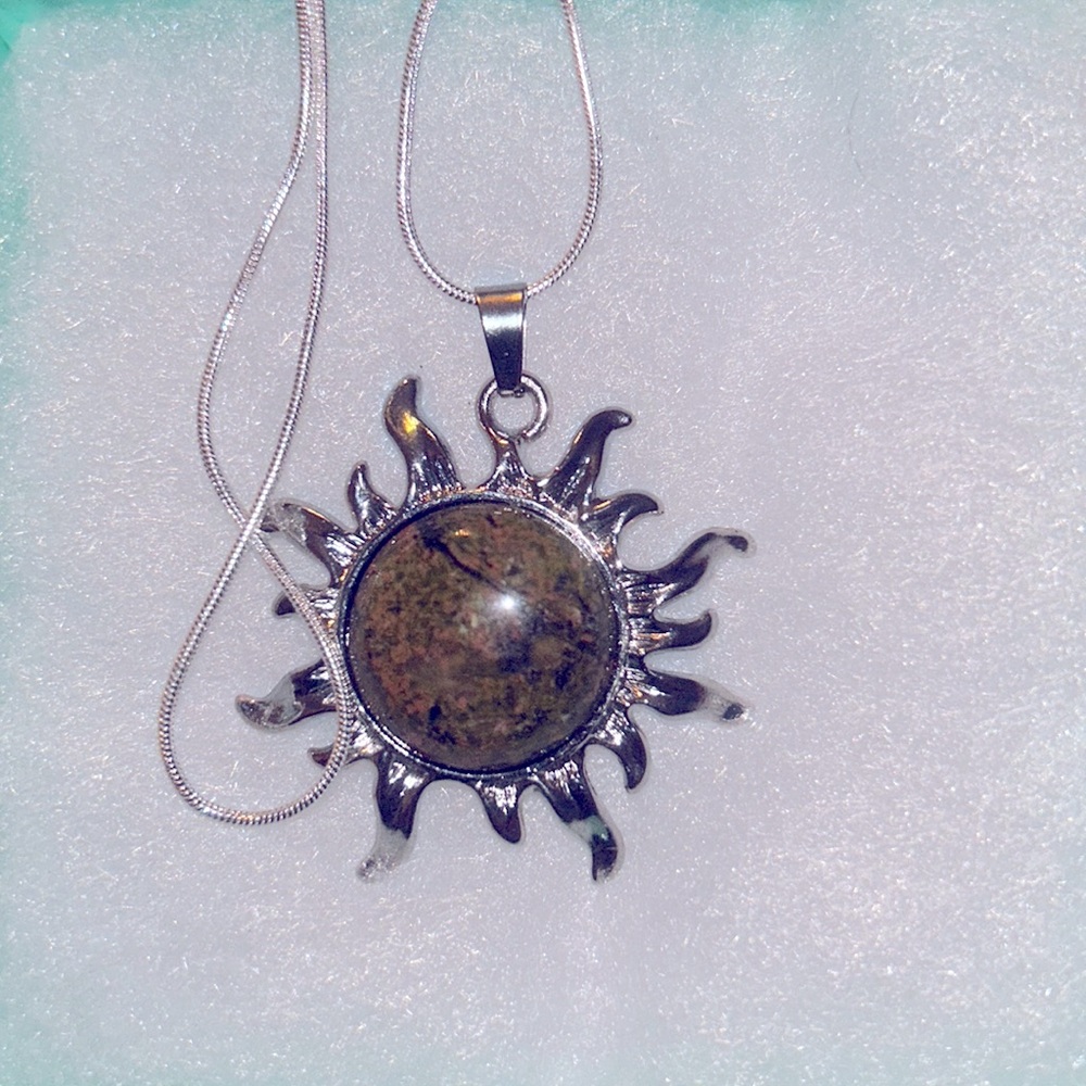 Boho hippie Unakite Crystal Sun Sterling Silver Necklace 24”